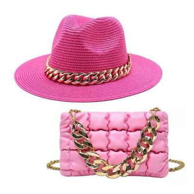 Set Straw Hat and Bag Set Gold Chain Bag Hat Set Ladies Leather Bag Tote Church Fedora Party Jazz St Profile Picture